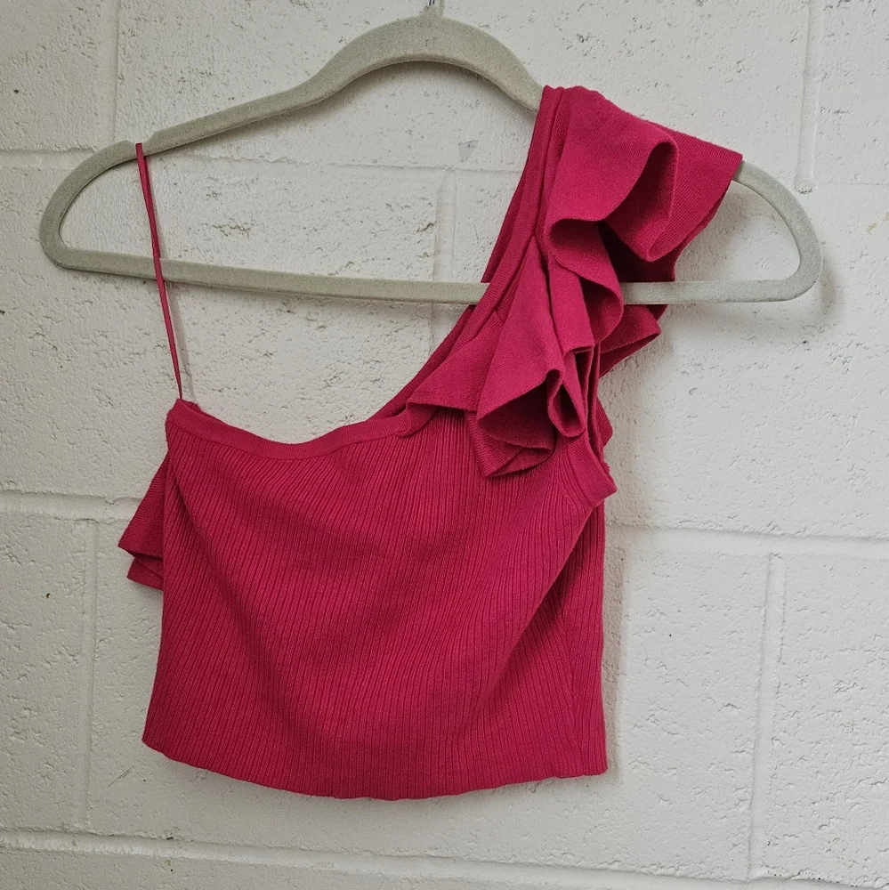 Express Pink Ruffle One Shoulder Cropped Sweater Tank - Picture 10 of 12